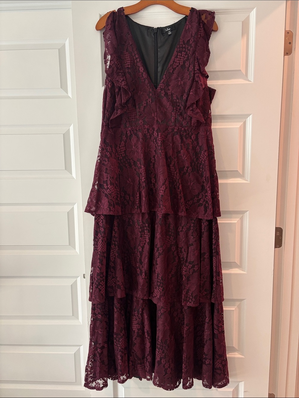 Lulu's Burgundy Lace Tiered Maxi Dress with V-Neck